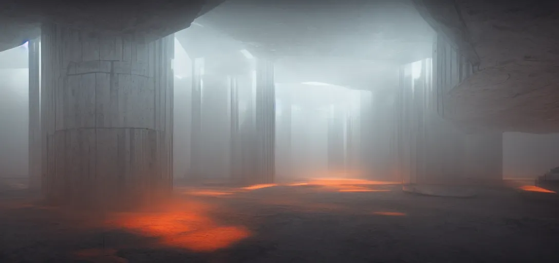 Prompt: dramatic view of empty brutalist underground structure, giant towering pillars, orange fog, unreal engine, dramatic lighting, detailed, ambient occlusion, global illumination, god rays, 3 d artstation render by greg rutowski and jessica rossier