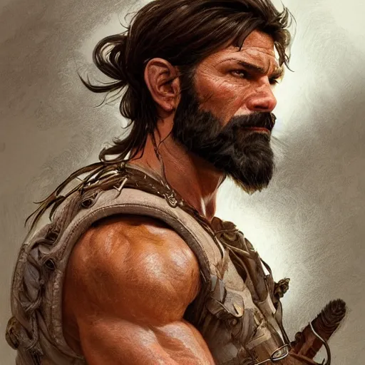 Image similar to portrait of a rugged ranger, 4 0 years old, muscular, upper body, hairy torso, d & d, fantasy, intricate, elegant, highly detailed, digital painting, artstation, concept art, smooth, sharp focus, illustration, art by artgerm and greg rutkowski and alphonse mucha