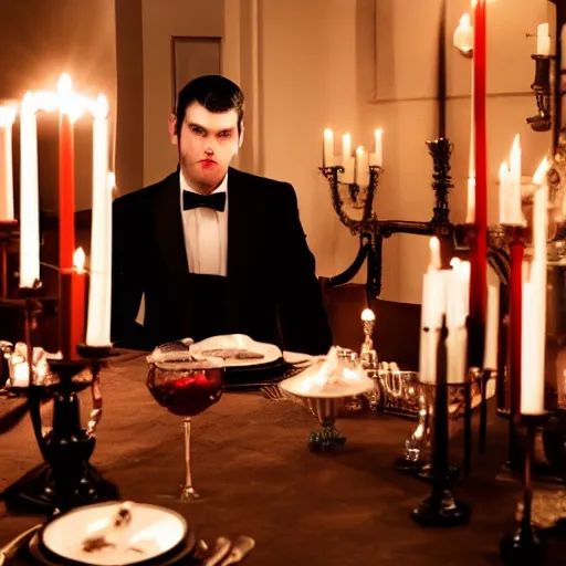 Prompt: a tall, pale man dressed in black and red formal clothing, with shoulder blade length black hair and a clean shaven face. the man s holding a glass of red wine and sitting at an ornate dinner table. candlelit, ominous, photo.