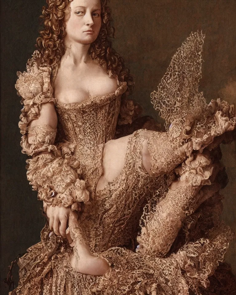 Image similar to a renaissance styled baroque hyperrealistic painting of an anatomically correct woman wearing an intricate lace corset by aj hamilton