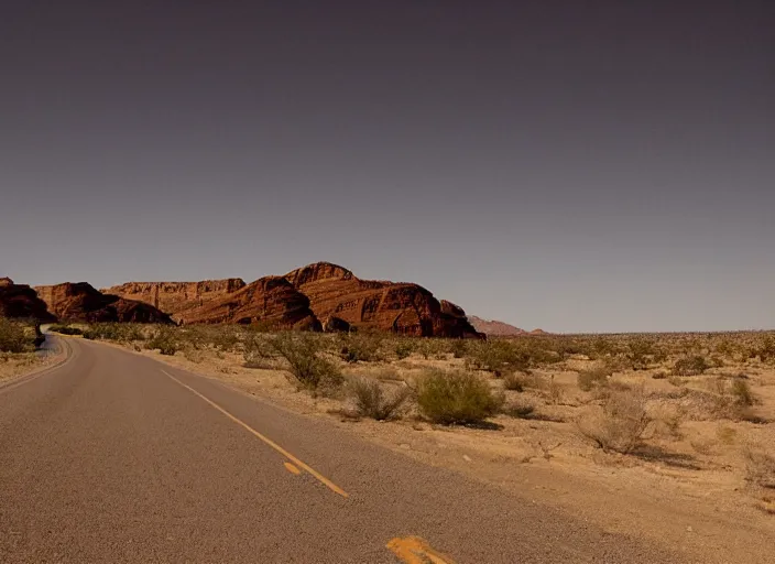 Image similar to in the dead of night, strange canyon road, strange look in your eyes, you shut them as we fly, as we fly, desert modernism aesthetic