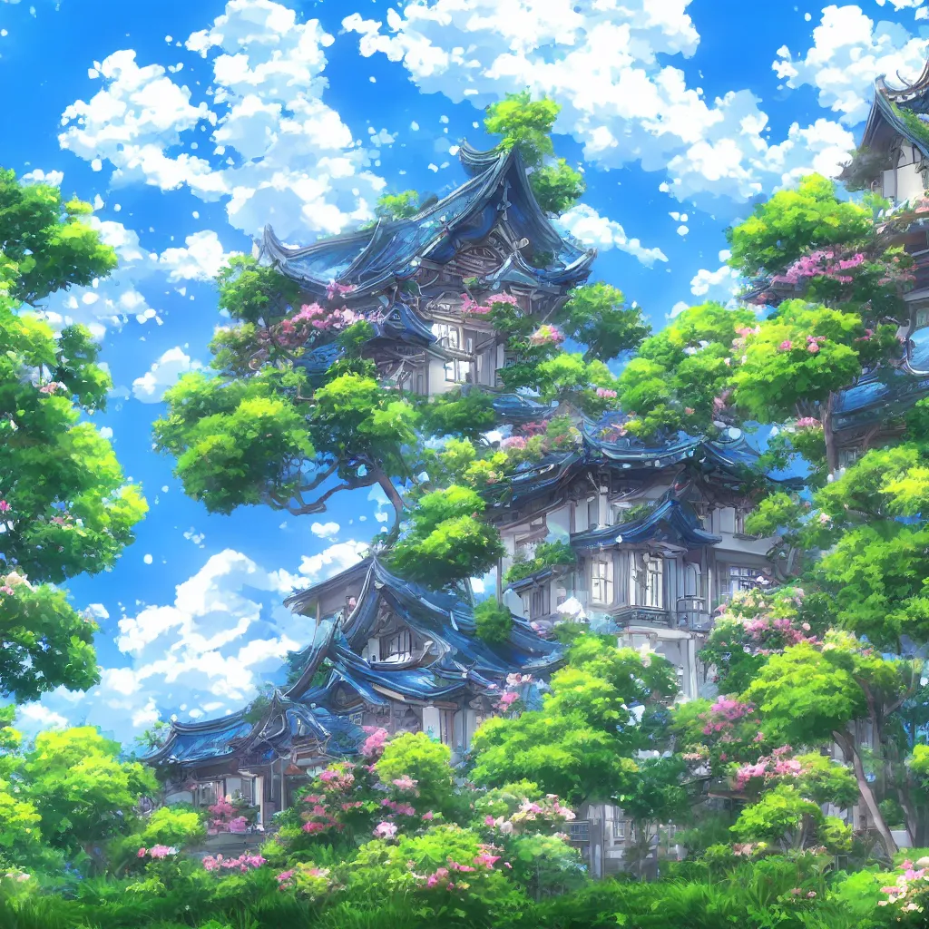 Image similar to a house with a beautiful garden and a blue sky with clouds in anime style, in the style of Lampbo Chun on ArtStation and Son Rice on ArtStation, 4k,