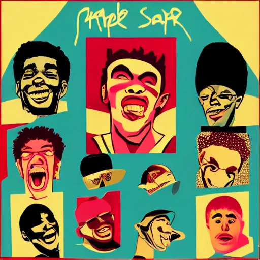 Image similar to rapper smiling wide guy high red eyes fake smiles stylised album cover 60s retro gang