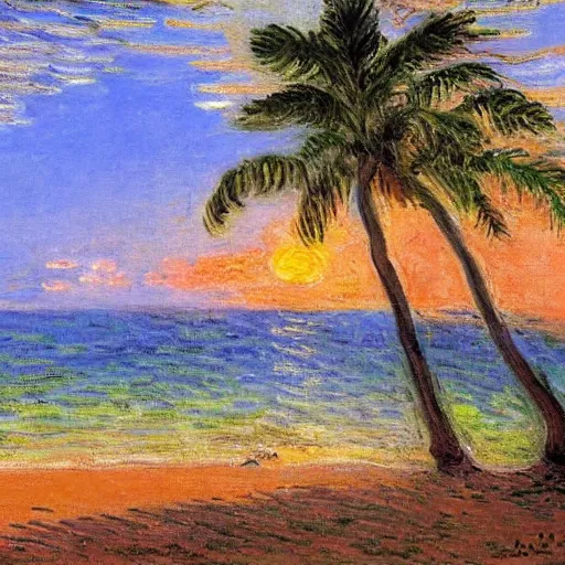 Prompt: turtle is sitting on the beach in maui and enjoying the sunset, palmes, rocks, by Claude Monet