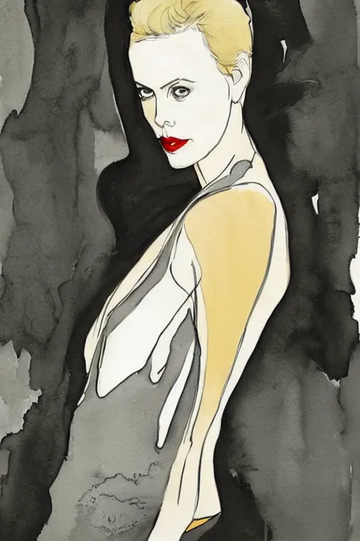 Image similar to beautiful portrait of Charlize Theron by Milo manara and David downton, colorless, silent, watercolor