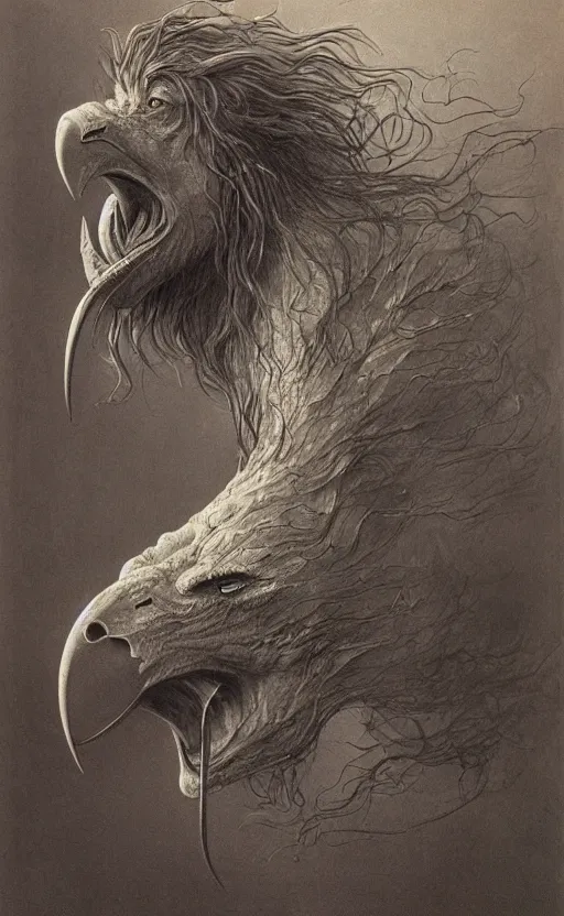 Image similar to a creature with the body and eyes of a man, with the beak of an eagle, the mane of a lion, and the horn of a bull. drawn by moebius and zdzislaw beksinski