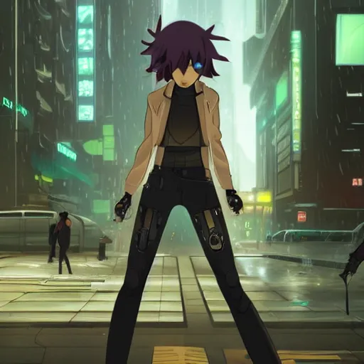 Image similar to mechanical android cyborg in crowded urban dystopia raining makoto shinkai