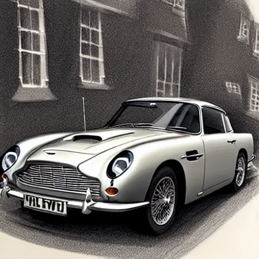 Image similar to a pencil sketch of anaston martin db 5, in a rich london mews residential street, medium range, studio ghibli, ( pixar ) and disney animation, sharp, very detailed, bloom, high resolution, anime key art by greg rutkowski