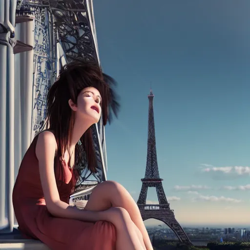 Image similar to A young beautiful giantess wearing a sundress sitting on the Eifel tower,her feet are visible ,detailed body and face, beautiful lighting,digital art , highly detailed , high contrast, beautiful lighting, award winning , trending on art station, 8k, photorealistic,unreal engine 5