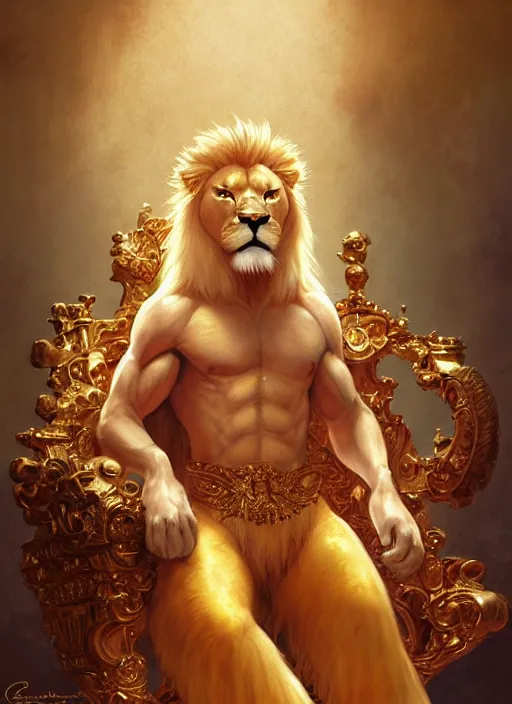 Prompt: award winning beautiful portrait commission art of a shirtless muscular albino male furry anthro lion sitting smugly on a royal throne wearing a masculine golden robe with red pants, royal and formal Atmosphere. Character design by charlie bowater, ross tran, Greg Rutkowski,Thomas Kinkade and makoto shinkai, detailed, inked, western comic book art