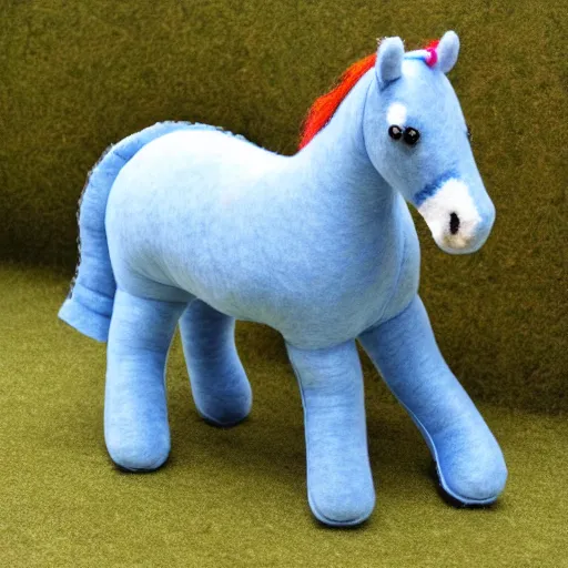 Image similar to a beautiful realistic felt plush horse in dusty blue with ornate detailed embroidery decoration