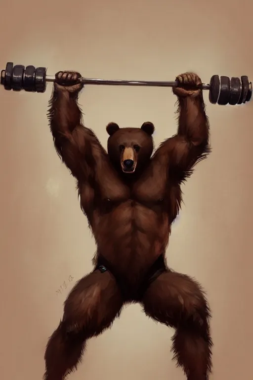 Image similar to anthro bear lifting weights, dim dingy gym, dynamic pose, fantasy, intricate, elegant, highly detailed, digital painting, artstation, concept art, matte, sharp focus, illustration, art by artgerm and greg rutkowski and alphonse mucha