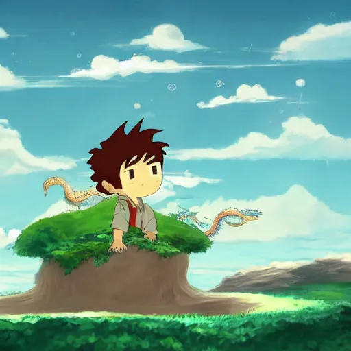 Image similar to boy in the floating island with flyling dragons around in ghibli artstyle, high detal, smooth, 8k, anime style