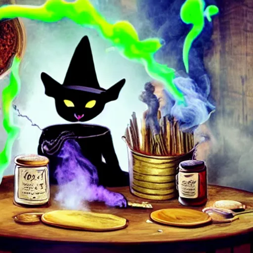 Image similar to black cat, teen witch mixing a spell in a cauldron, wispy smoke, witch hat, studio photography, green glowing smoke is coming out of the cauldron, ingredients on the table, apothecary shelves in the background, still from a nickelodeon show