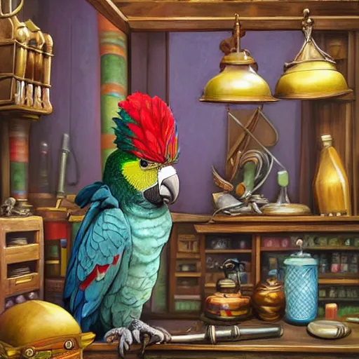 Image similar to Anthropomorphized parrot trader in his shop, selling his wares, portrait, items, weapons, magic potions, trinkets, carpet, lamps, window, fancy hat, sly expression, cunning expression, cute expression, long thick shiny black beak, D&D, fantasy, cinematic lighting, highly detailed, digital painting, artstation, concept art, smooth, sharp focus, illustration, warm light, cozy warm tint, magic the gathering artwork, volumetric lighting, 8k, art by Akihiko Yoshida, Greg Rutkowski