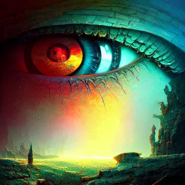 Image similar to microscopic view of the human eye, fantasy landscape inside the eye, illuminati eye, colorful, sharp and focus, ultra detailed, beautifully lit, in the art style of marc simonetti and john harris