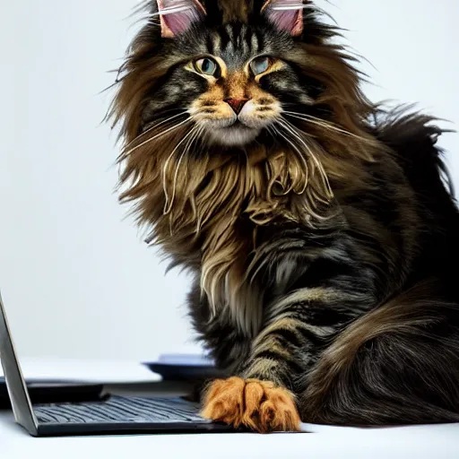 Prompt: my maine coon cat typing up a list of grievances to email to the management about the lack of treats. 3D, Pixar style.