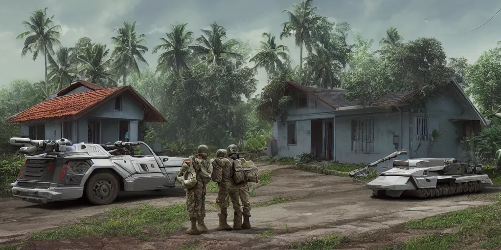 Prompt: a militarised spaceship parked infront of a house in a kerala village, photorealistic, 4k, matte painting, cinematic by simon stalenhag