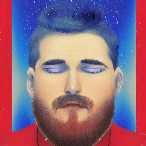 Prompt: A beautiful digital art of a man in a red suit with a blue background. The man's eyes are closed and he has a serene, content look on his face. His arms are crossed in front of him and he appears to be floating in space. The blue background is swirling with geometric shapes and patterns. by Ramon Casas, by Gabriele Münter sinister