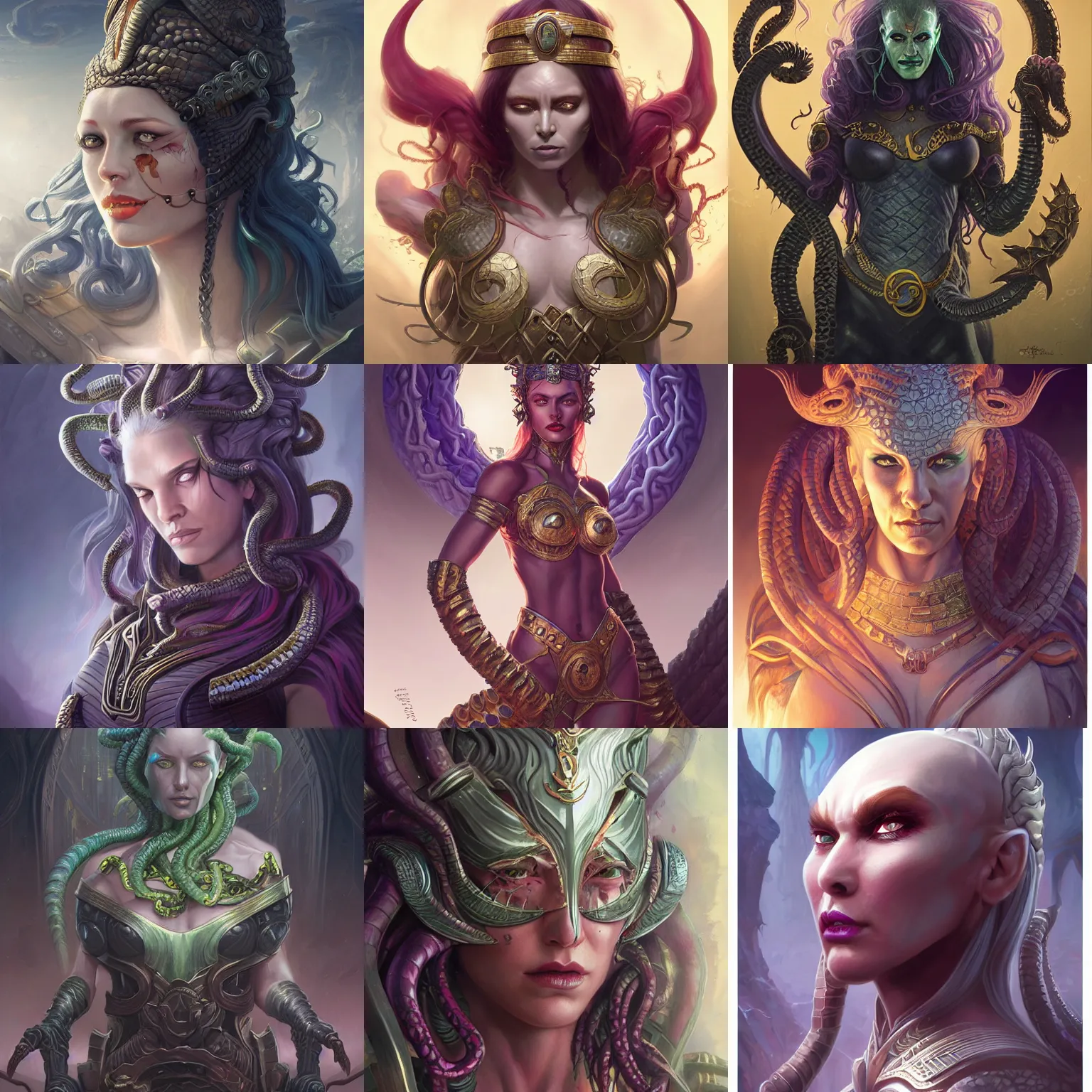 Prompt: ophidian empress, medusa, D&D, fantasy, portrait, highly detailed, digital painting, trending on artstation, concept art, sharp focus, illustration, art by artgerm and greg rutkowski and magali villeneuve