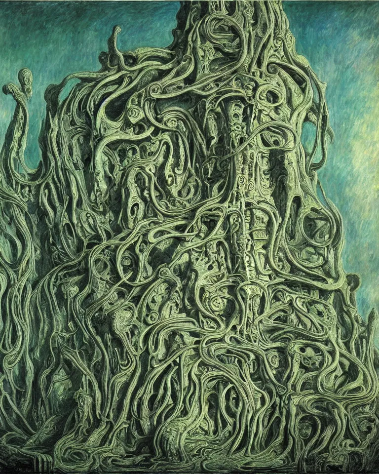 Image similar to achingly beautiful painting of intricate ancient giger alien structure on jade background by rene magritte, monet, and turner. giovanni battista piranesi.