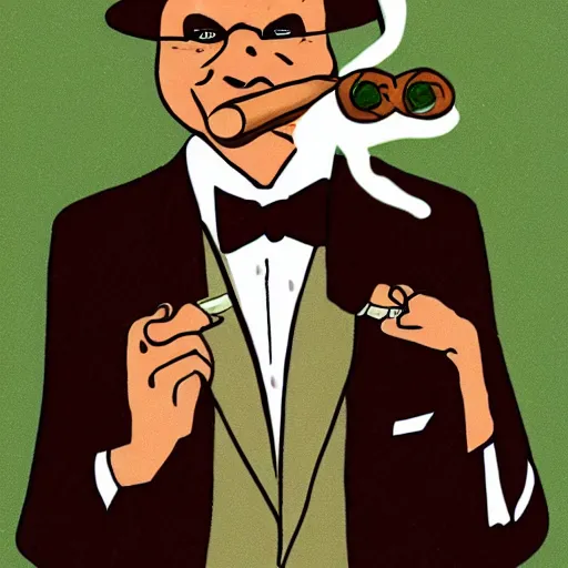 Image similar to a frog 🐸 wearing a suit smoking a cigar