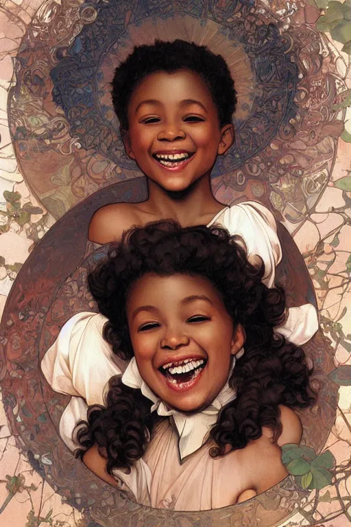 Image similar to carefree black children smiling and laughing, crisp digital painting by artgerm by mucha by caravaggio and face by wlop