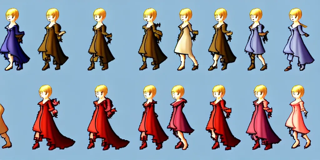 Image similar to walking animation sprite sheet of a girl in a renaissance dress, walking to the right, each sprite is a different frame of the animation, in the style of final fantasy games, side view of her taking steps, accurate walk cycle, walk cycle, walk cycle