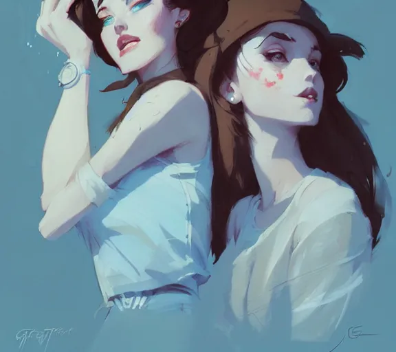 Image similar to portrait elza and anna by atey ghailan, by greg rutkowski, by greg tocchini, by james gilleard, by joe fenton, by kaethe butcher, dynamic lighting, gradient light blue, brown, blonde cream and white color scheme, grunge aesthetic