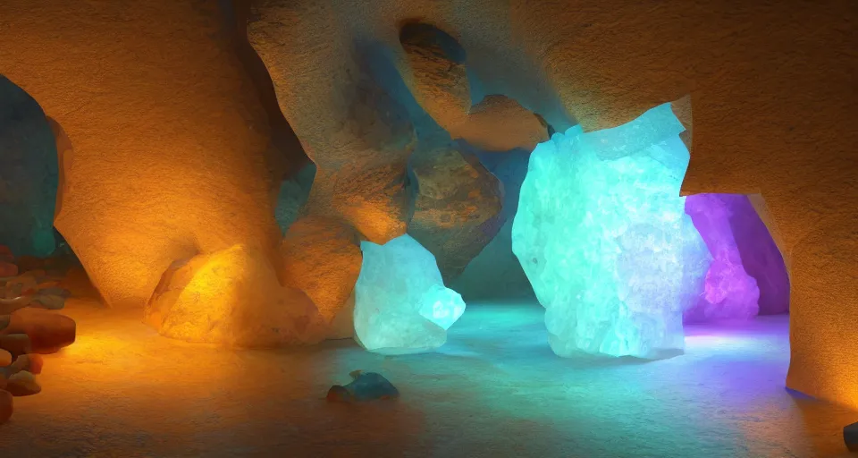 Prompt: gemstone in cave with light inside, colorful, refraction, acoustic , highly detailed, 8k post-processing highly detailed, rendered by octane engine