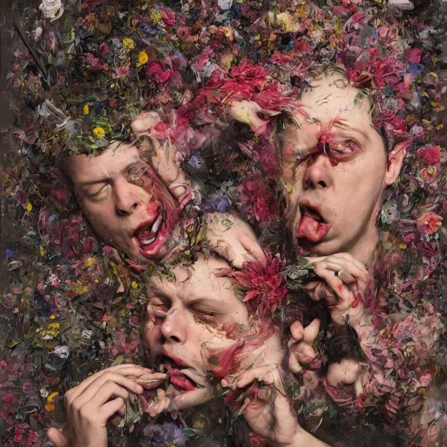 Image similar to male portrait of todd solondz eating rotten flesh and puking blood wearing a thong, surrounded by flowers by francis bacon, karol bak, james jean, tom bagshaw, rococo, trending on artstation, cinematic lighting, hyper realism, dramatic, emotional, octane render, 8 k, hyper detailed.