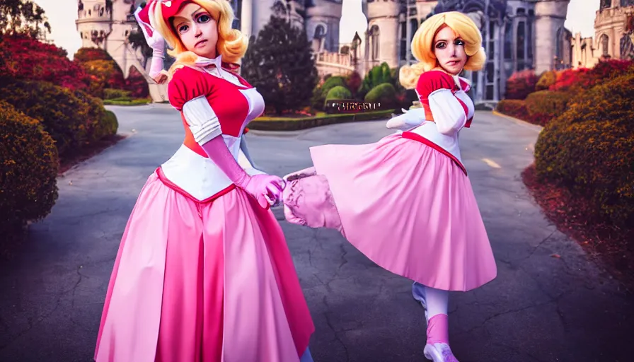 Image similar to amazing cosplay of princess peach from mario, symmetrical, cinematic, elegant, luxury, real photography, 4 k, ultra hd, cosplay journal cover