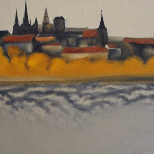 Prompt: very abstract painting of the rhine in basel, very rough brush strokes, the munster in the background, muted greyscale colors, great composition