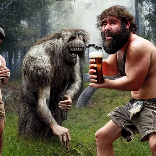 Prompt: caveman chugging a beer with joe rogan and alex jones frolicking around in a field of mushrooms smoking in real life, 8 k, 4 k uhd, realistic, hyper realistic, super detailed, very detailed, detailed