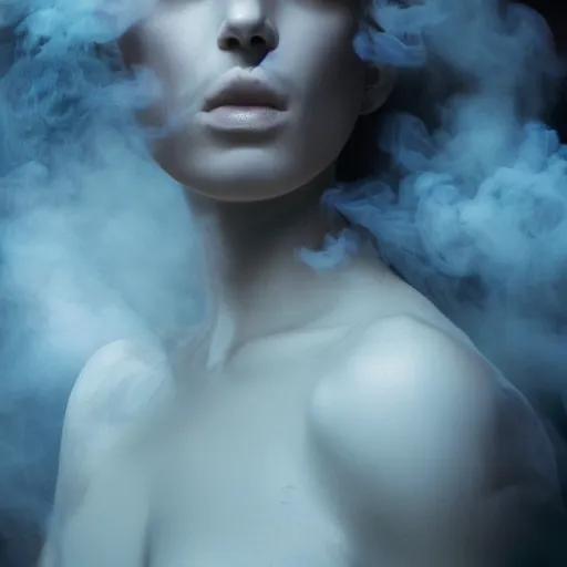 Image similar to A beautiful form made of pale blue smoke in the style of Aldo Katayanagi + Thick Milky Smoke + Mother Of Pearl +Milk and ink+ Creamy smoky Elements + Moody Cinematic Lighting + Deep Shadows + Hyper Realistic + Intricate Eldritch tendrils + 8K portrait + fluid dynamics