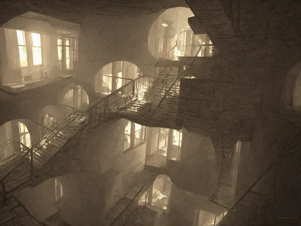 Image similar to by mc escher, artstation, volumetric lighting, perfect, high detail