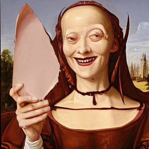 Prompt: an oil painting of an extremely ugly pale vampire woman smiling with skin condition in expensive renaissance dress, Renaissance painting, Renaissance Port City background, vampire teeth, 1450, holding paper fan