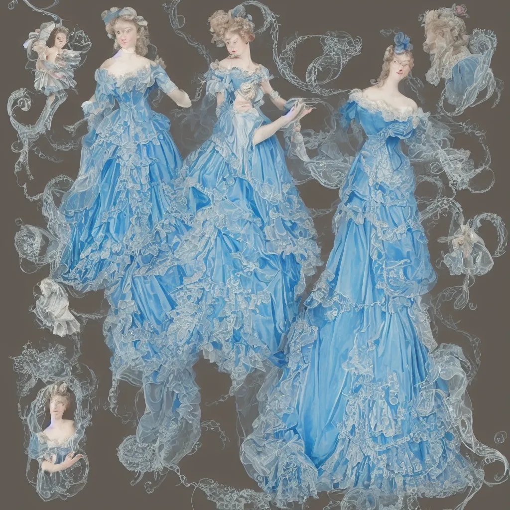 Image similar to blue dress design in the style of rococo ，Victorian era，jellyfish element，dreamy, soft ,Backlight ,luminescence，in the style of Aetherpunk,highly detailed,8k