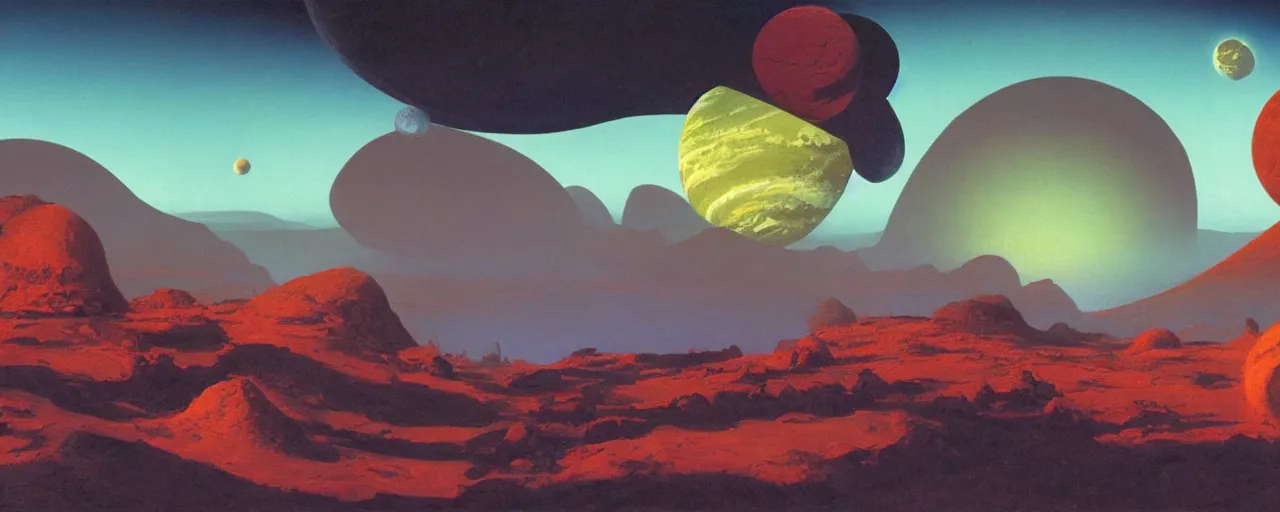 Prompt: outer planet landscape by roger dean, [ cinematic, epic, opening shot, establishing, mattepainting, 4 k ]