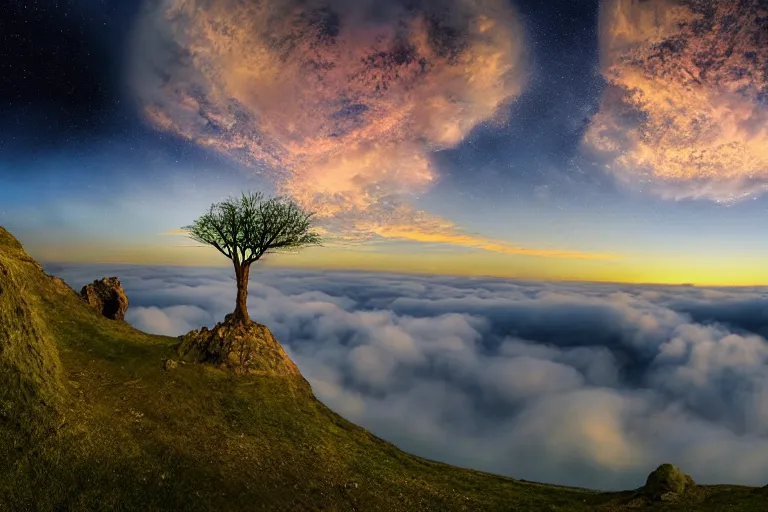 Image similar to a castle above the clouds by toumas korpi, sunset, celestial vortex, mini planets, giant tree - shaped spaceship