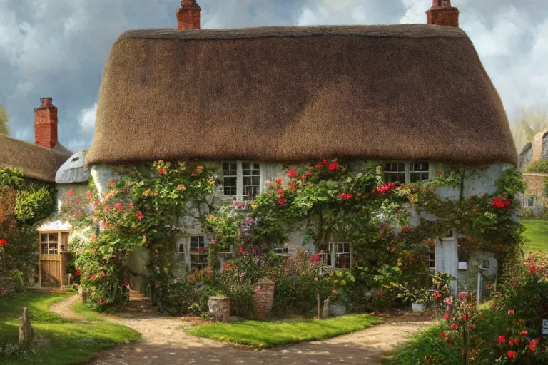 Prompt: A quaint cottage in an English village, merry england, oil on canvas, 4k, detailed, in the style of Andrew Ferez