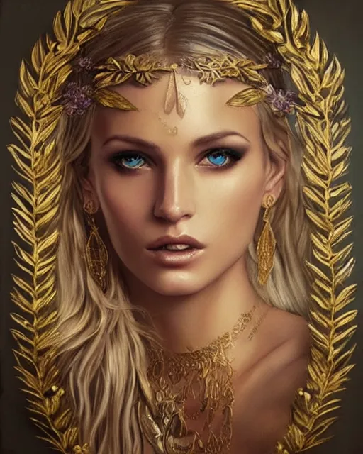 Image similar to tattoo design sketch of hot blonde super model as aphrodite greek goddess wearing a gold laurel wreath and triangle earrings, beautiful piercing gaze with sharp pupils, in the style of greg rutkowski, fantasy, amazing detail, epic, elegant, smooth, sharp focus, front view