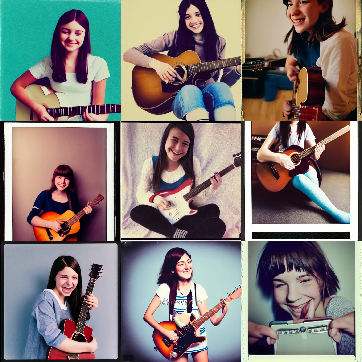 Prompt: short brune 2 0 - year old girl, high socks, playing guitar, smiling, polaroid photo, highly realistic