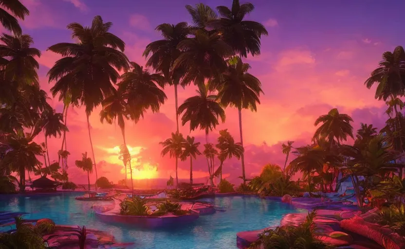 Image similar to a tropical resort in a jungle paradise, with a beautiful red and blue sunset, dynamic lighting, photorealistic fantasy concept art, trending on art station, stunning visuals, creative, cinematic, ultra detailed, ray tracing, sun rays