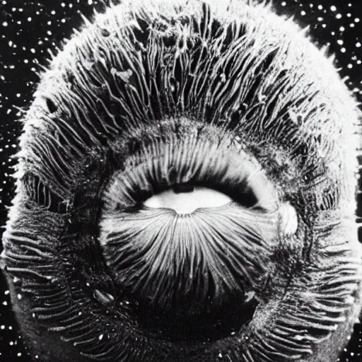 Prompt: a tardigrade experiencing its third eye pineal gland exploding out of the front of his forehead as he is able to perceive all of the thoughts of mankind. body horror. by gerald grom and ansel adams.