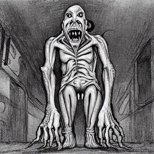 Image similar to a creepy filmic 30mm filmic wide shot color ground level angle movie still film photograph of the full body of a dangerous shape shifting alien creature, with multiple mutated snarling drooling human faces with a grotesque variety of gorey human and animal limbs protruding from its lower torso inside a lab, in the style of a live action 1980s horror film, The Thing 1982