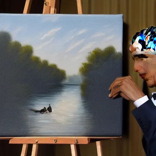 Prompt: obama is dressed as a gentleman at early 2 0 th century paris. he is watching an easel. that easel has a canvas on it. barack obama has a brush on his hand. he is painting a painting. there is a small brown cat with yellow eyes on barack obamas feet. on background has river seine, morning sun, dark clouds, lightning, by frank miller