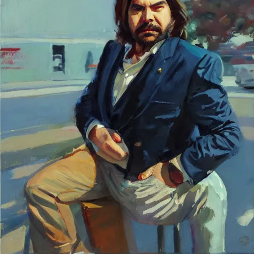 Image similar to a highly detailed beautiful portrait of matt berry as jackie daytona, by gregory manchess, james gurney, james jean