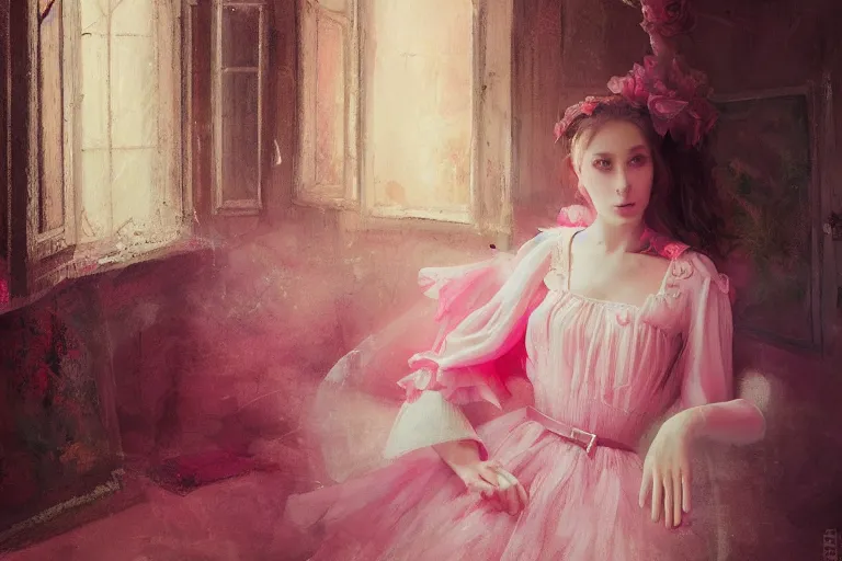 Prompt: A girl in a pink dress in a Gothic atelier, oil painting, detailed, colorful, glowing lighting, 4k, depth of field, in the style of Yanjung Chen and Tom Bagshaw,