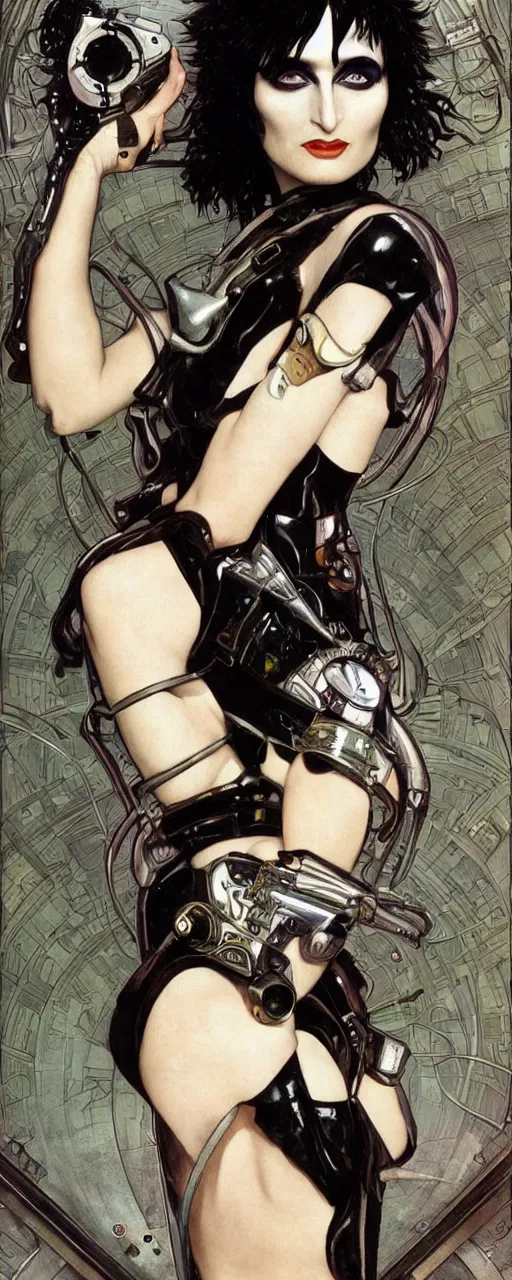 Image similar to a beautiful and captivating sci - fi art nouveau style portrait of siouxsie sioux as a futuristic gothpunk rebel soldier by chris achilleos, travis charest and alphonse mucha, mixed media painting, photorealism, extremely hyperdetailed, perfect symmetrical facial features, perfect anatomy, ornate declotage, circuitry, technical detail, confident expression, wry smile